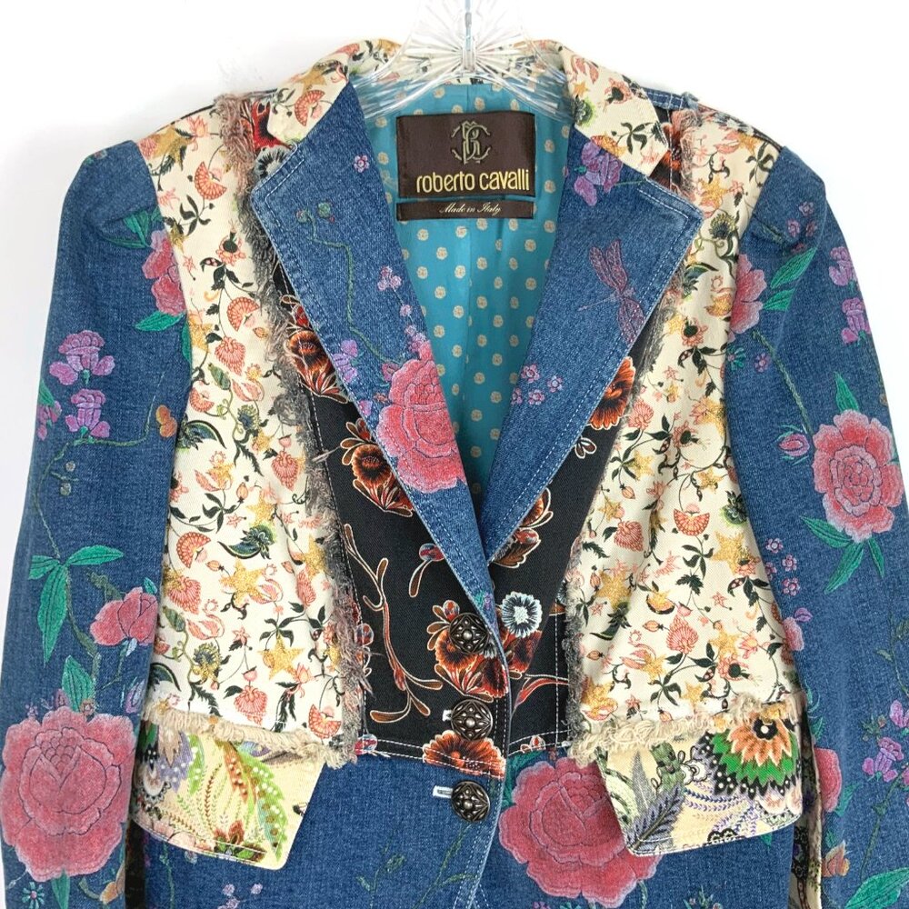 Roberto Cavalli Denim Patchwork Luxury Boho Glam Jacket Italy Sz 46(10-12) - Picture 3 of 16